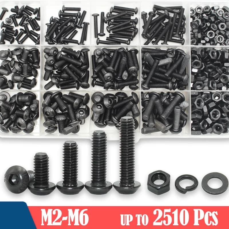 2510p Round Hex Cap Screw Kit M2 M2.5 M3 M4 M5 M6 Black 10.9 Grade Socket Button Head Allen Drive Screws Bolt Nut Washer ISO7380
