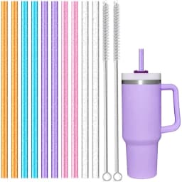 10 Pack Replacement Straws for Stanley 40 oz 30 oz Tumbler 12 in Long Reusable Plastic Glitter Plus 2 Cleaning Brush for Straw