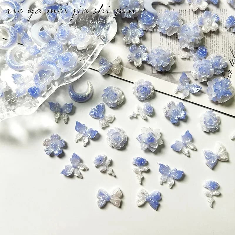50pcs New Blue Series Nail Accessories Elegant Night Glow Flower Moon Butterfly Nail Charms Jewelry Mixed DIY Cute Nail Art Deco