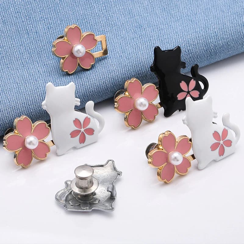 1 Pair No Sewing Adjustable Waist Clips Sakura Cat Trousers Waist Buckles for Jeans Pants Skirts Fit Reduce Waist Snap Button