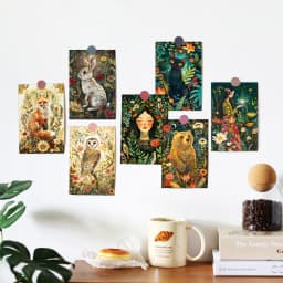 12pcs Enchanted Midnight Woodland Animals Postcards,Floral & Fauna Greeting Cards without Envelopes,Wall Art Prints Home Decor