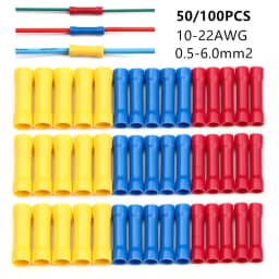 100PCS Red/Blue/Yellow Butt Connectors Crimp 12-10/ 22-16 AWG Butt Connector Fully Insulated PVC Wire Butt Splice Connectors