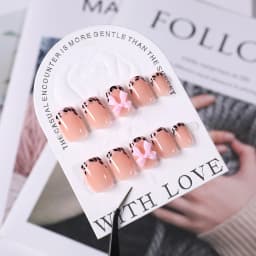 24Pcs Pink Leopard Print Short Square Press on Nails French Bow Wearable False Nails Full Cover Removable Manicure Diy Nail Tips