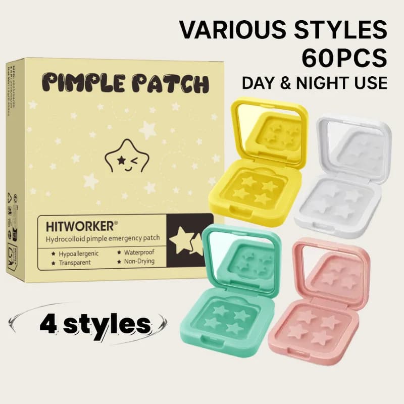 60pcs Star Acne Patches, 4 Colors, Hydrocolloid Cover, Mirror Case Included Random color blind box