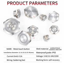 12/16/19/22/25mm Bi/tri-colour RGB Short Stroke Mini Waterproof Metal Push Button Switch Power Led Light Momentary 5/12/24V 1NO