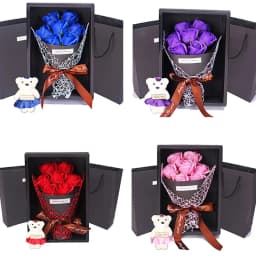 7 Heads Artificial Rose Bouquet Little Bear Gift Box Handmade False Flower Bouquet Mother's Day Birthday Party Gifts Home Decor
