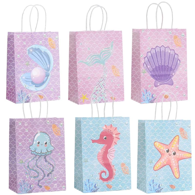 12/24Pcs Ocean Themed Gift Bag With Handle Mermaid Kid Birthday Favor Portable Packaging Shopping Bag Baby Shower Party Supplies