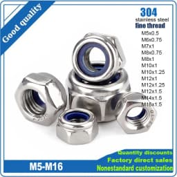 Fine Thread M5 M6 M7 M8 M10 M12 M14 M16 Pitch 0.5~1.5mm 304 Stainless Steel Nylon Insert Lock Nut Hexagon Self-locking Locknut