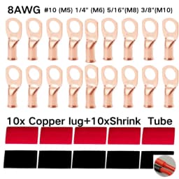 20pcs Copper Terminal Connectors, AWG 8 M5-M10 Ring Lug Kit With Shrink Tubing 10 Battery Cable Lugs, With 10 Shrink Tubing