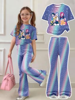 Girls 2-Piece K-Pop Outfit - Galaxy Print Character T-Shirt & Rainbow Star Flared Pants Set for Kids