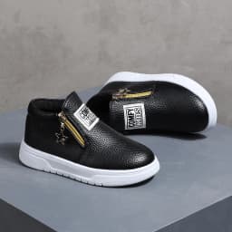 COMFY KIDS Kids' Black Lychee Pattern Faux Leather High-Top Sneakers, Side Zipper with Star Charm, Soft Elastic Rubber Sole Ligh