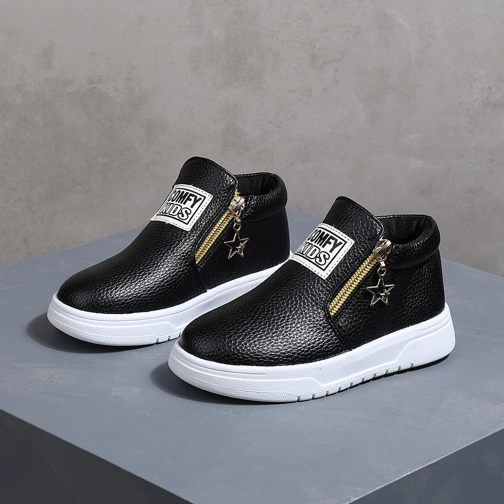 COMFY KIDS Kids' Black Lychee Pattern Faux Leather High-Top Sneakers, Side Zipper with Star Charm, Soft Elastic Rubber Sole Ligh
