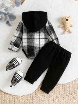 Children's Plaid Hooded Set Casual Cool Style Soft Skin-friendly Fabric Easy-to-wear Design with Hat And Hole Decoration