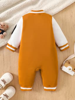 【Retro Baseball Style】Baby Boy Fleece-Lined Jumpsuit Caramel Orange Color Block Design + Heavy Embroidery + Bear and Penguin Pattern Baby Autumn/Winter Outfit