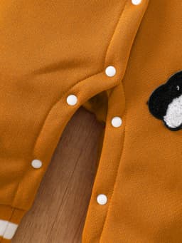 【Retro Baseball Style】Baby Boy Fleece-Lined Jumpsuit Caramel Orange Color Block Design + Heavy Embroidery + Bear and Penguin Pattern Baby Autumn/Winter Outfit