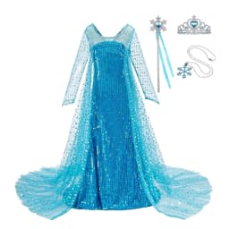 Girls Ice Snow Princess Sequin Gown Long Sheer Cape Sparkling Train for Carnival Birthday Stage Performance Dress-Up
