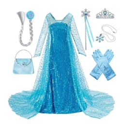 Girls Ice Snow Princess Sequin Gown Long Sheer Cape Sparkling Train for Carnival Birthday Stage Performance Dress-Up