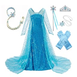 Girls Ice Snow Princess Sequin Gown Long Sheer Cape Sparkling Train for Carnival Birthday Stage Performance Dress-Up