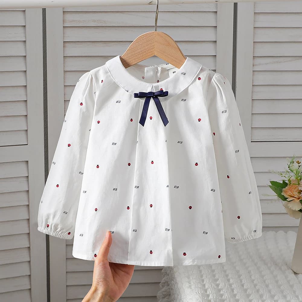 Girls White Cotton Long Sleeve Shirt Ladybug Print Peter Pan Collar Blouse with Bow Decor Casual Top for Kids 2-6 Years