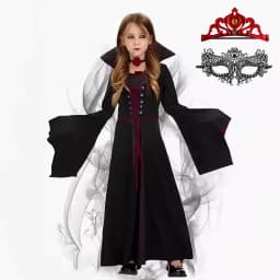Girls Vampire Queen Halloween Costume Kids Gothic Black‑Red Long Stand‑Collar Gown Holiday Party Fancy Dress Cosplay Outfit