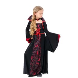 Girls Vampire Queen Halloween Costume Kids Gothic Black‑Red Long Stand‑Collar Gown Holiday Party Fancy Dress Cosplay Outfit