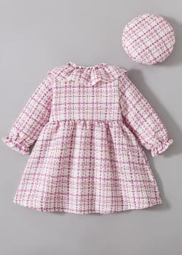 Girls Plaid Dress Set Spring Autumn Lace Collar Butterfly Knot Princess Skirt with Plaid Beret Hat Baby Girls Outfit