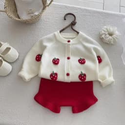 For Autumn and Winter, a Cute Strawberry-Embroidered Cardigan and Shorts Knitted Sweater Set For a baby Girl to Go out