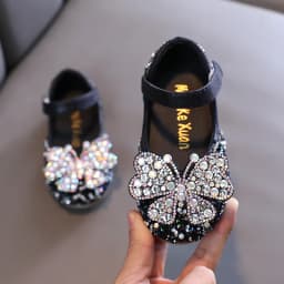 2025 Spring Summer New Korean Style Girls Princess Square Toe Rhinestone Bow Leather Shoes For Dance Performance
