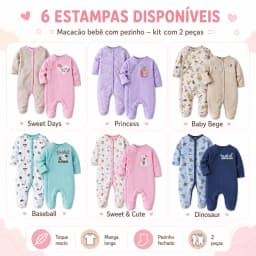 Kit 2 Baby Rompers with Footie Long Sleeve Infant Clothing 60% Cotton 40% Polyester 3m-9m