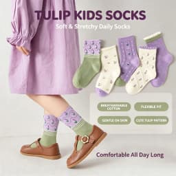 Girls Cotton Socks Spring Ruffle Socks Floral Purple Bowknot Socks 5 Pairs Mid Calf Socks 1-12Y Children's Cotton Socks