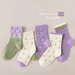 Girls Cotton Socks Spring Ruffle Socks Floral Purple Bowknot Socks 5 Pairs Mid Calf Socks 1-12Y Children's Cotton Socks