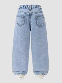 Girls' Floral-Printed Towel-Stitch Denim Jeans Trendy Loose Waist Design Versatile Casual Pants for Kids. Full Elastic Waistband