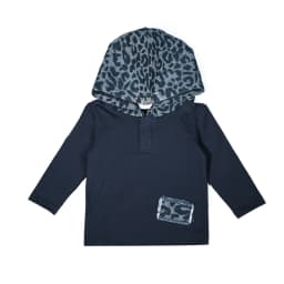 Blue Leopard Denim Children Set Long Sleeve Top Shirt Outfit Denim Washed Cotton/Spandex Dress Leopard Hoodie and Raw Edge Patch