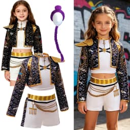 Girls Black‑Gold 3D Printed Jacket Shorts Cosplay Set Kids Outfit for Stage Show Birthday Party Halloween Carnival Dress‑Up
