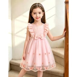 Kids Princess Dress For Girls O-Neck Wing-Sleeve Bowknot Floral Print Embroidery 4-7 Years Summer Sweet Birthday Party Clothing