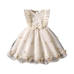 Kids Princess Dress For Girls O-Neck Wing-Sleeve Bowknot Floral Print Embroidery 4-7 Years Summer Sweet Birthday Party Clothing