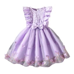 Kids Princess Dress For Girls O-Neck Wing-Sleeve Bowknot Floral Print Embroidery 4-7 Years Summer Sweet Birthday Party Clothing