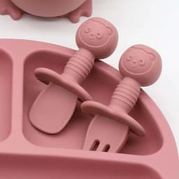 8 pcs Set Food Grade Silicone Tableware Set Bib Bowl Dining Plate Strong Suction Straw Cup Cartoon Short and Wooden Spoon Fork