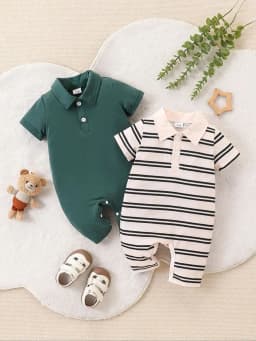 2Pcs Baby Boy Fashion Casual Stripes & Solid Color Open Chest Short Sleeve Collarless Overalls Set for Summer
