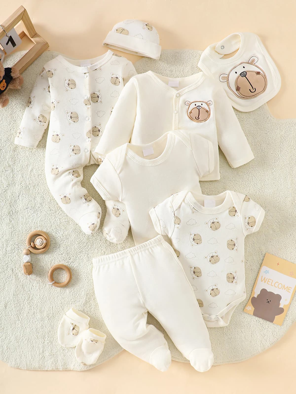 0-9M Baby 8 Pieces Layette Set, Neutral Cartoon Lion Print Soft Cotton All Season Newborn Infant Outfit