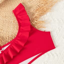 Bikini Girls Kids Swimsuits One Shoulder Ruffles Swimwear Solid Color Backless Bathing Suit