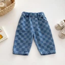 6M-5 Y Autumn Kids Pants Korean Style Soft Elastic Waist Loose Long Children Trousers Cotton Grid Jeans for Boys Girls
