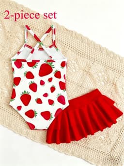 Children's Strawberry Pattern Swimsuit with Suspenders + Double-Layered Ruffle Skirt Set, Girls' Beach Vacation Swimwear Two-Piece Set, Beach Baby Swimsuit Set, Red and Pink, Cute, Fashionable, Versatile
