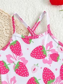 Children's Strawberry Pattern Swimsuit with Suspenders + Double-Layered Ruffle Skirt Set, Girls' Beach Vacation Swimwear Two-Piece Set, Beach Baby Swimsuit Set, Red and Pink, Cute, Fashionable, Versatile