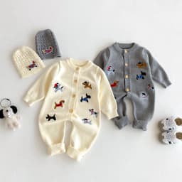 Autumn baby Clothes, Infant One-Piece Dress for Girls, Knitted Crawling Suit with Dog Pattern, Outdoor Wear