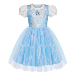 Girls Short Sleeve Fairy Tale Tulle Princess Dress With Printed Pattern Kids Birthday Party Belle Aurora Cosplay Costume 3-10Yrs