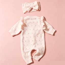 YlsteeeNewborn Baby Girl Knitted Romper Set with Bow Headband, Ruffle Sleeve Heart Knit Jumpsuit for 0-3M Photography Daily Wear