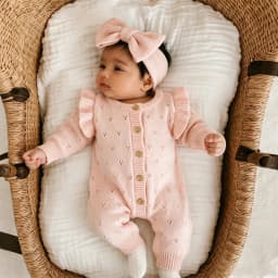 YlsteeeNewborn Baby Girl Knitted Romper Set with Bow Headband, Ruffle Sleeve Heart Knit Jumpsuit for 0-3M Photography Daily Wear