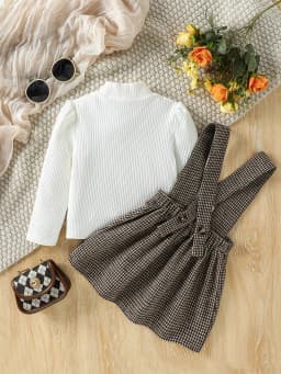 2-6 Years Kid Girl Solid Long Sleeve Top &Plaid Strap Skirt Set Fashion Cute All Match Wear Autumn Winter Party Outifit Clothes
