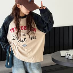 Girl's Long Sleeve T-Shirt 2025 New Fall Kids Raglan Sleeve Top Big Kids Autumn-Winter Plaid Patchwork Base Layer
